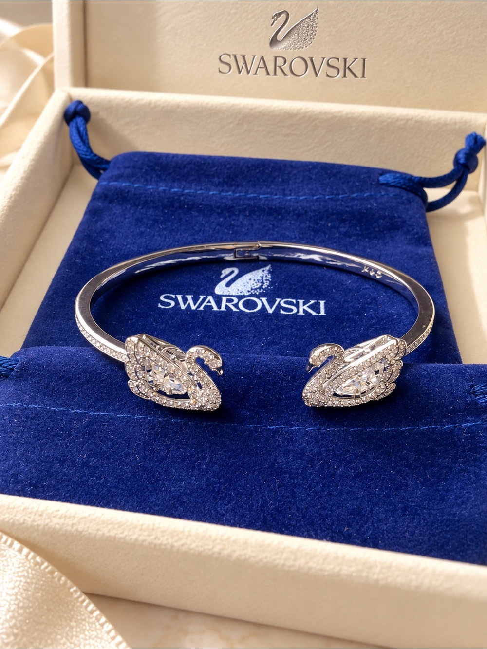 Swarovski Silver Swan Crystal Cuff Bracelet - Clear Stones